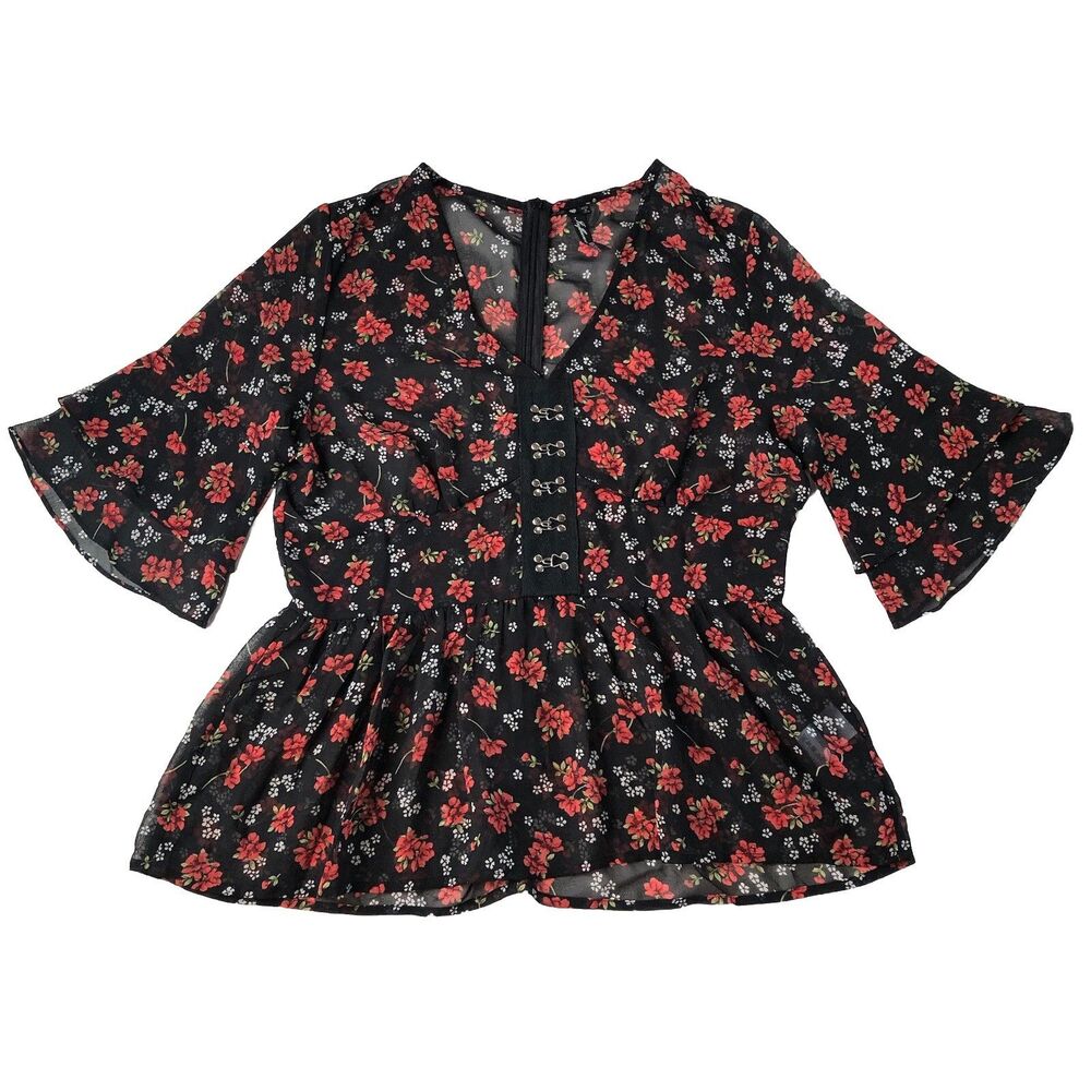 Influence Black Floral Peplum Hook & Eye Faux Corset Bell Sleeve Top Size 10